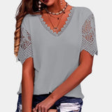 Gray Lace Sleeve V-Neck Crochet Blouse in 3XL size, featuring intricate crochet detailing on the sleeves and a bohemian style ideal for summer fashion.