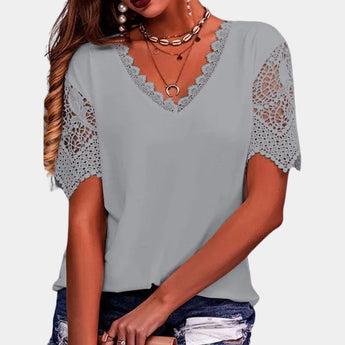 Gray Lace Sleeve V-Neck Crochet Blouse in 3XL size, featuring intricate crochet detailing on the sleeves and a bohemian style ideal for summer fashion.