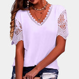 Purple lace sleeve V-neck crochet blouse in size 3XL, featuring bohemian summer fashion style with intricate lace detailing on sleeves and a comfortable fit.