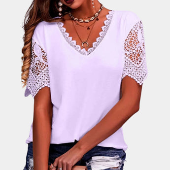 Purple lace sleeve V-neck crochet blouse in size 3XL, featuring bohemian summer fashion style with intricate lace detailing on sleeves and a comfortable fit.