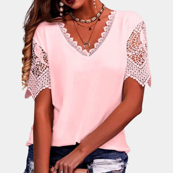 Pink lace sleeve V-neck crochet blouse in size 3XL, featuring a bohemian summer fashion style.