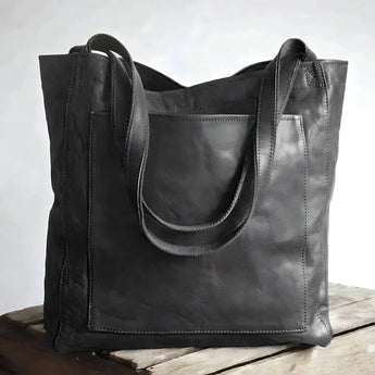 Black large caramel handmade leather tote bag for women, featuring a rectangular shape and designed as a stylish work shoulder bag.