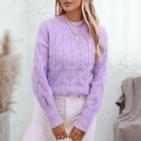 Lavender cable knit puff sleeve sweater for women featuring a textured design, long sleeves, and a round neckline, showcased in a stylish fashion pose.