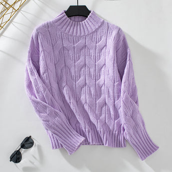 Lavender cable knit puff sleeve sweater in a violet shade, designed for women's fashion, shown in size XL.