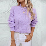 Lavender cable knit puff sleeve sweater for women featuring a textured design, shown with its long sleeves, round neck, and fitted waist, in a soft purple shade.