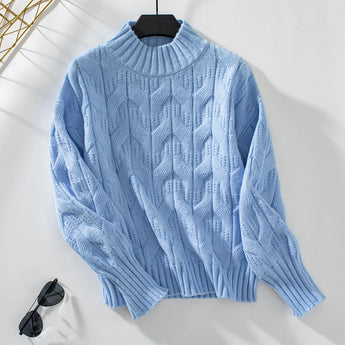 Lavender cable knit puff sleeve sweater in blue, displayed in an XL size, featuring a textured knit pattern and puffed sleeves.