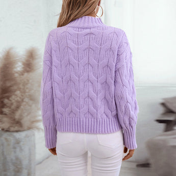 Lavender cable knit puff sleeve sweater for women featuring a puff sleeve design with a comfortable fit, showcasing intricate cable knit texture in a soft lavender hue.