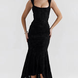 Lavender floral ruched mermaid gown, sleeveless design, featuring a form-fitting silhouette with a ruched bodice and an elegant mermaid skirt, ideal for prom or formal occasions.