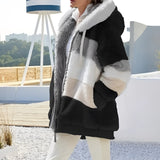 Lavender Patchwork Hooded Fur Jacket for women in a Nero color, featuring a luxurious design with black and white accents, displayed on a model wearing size 5XL. The jacket showcases detailed patchwork, a fur-lined hood, and long sleeves, perfect for winter fashion.