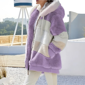 Lavender patchwork hooded fur jacket for women in a luxurious winter style, featuring a blend of purple and pink hues, shown in a 5XL size.