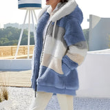 Lavender patchwork hooded fur jacket for women, featuring shades of blue, shown in size 5XL. The luxurious winter outerwear displays a combination of azure and white hues, with long sleeves and a hood, modeled standing upright to showcase the detailed design and fit.
