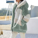 Lavender patchwork hooded fur jacket for women in a luxury winter style, shown in a green color and size 5XL, featuring a tartan pattern and plush textures on the white textile fabric with a focus on the jacket's shoulder, sleeve, and neck areas.