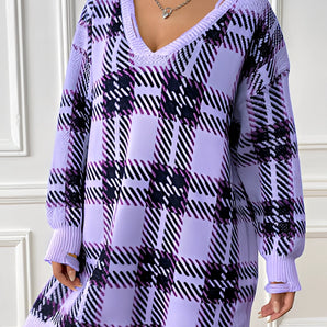 Lavender Plaid V-Neck Sweater Dress - Cozy Winter & Autumn Fashion
