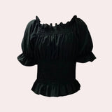 Lavender smocked crop top with puff sleeves and ruffle detailing in black, size XL.