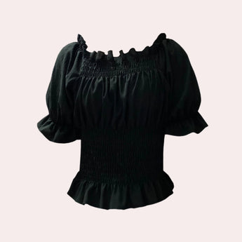 Lavender smocked crop top with puff sleeves and ruffle detailing in black, size XL.