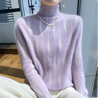 Lavender turtleneck sweater in a soft knit fabric, designed for women, showcasing a chic fall fashion style. The sweater is purple in color and available in size 2XL, featuring long sleeves and a comfortable fit.