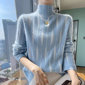 Women's blue turtleneck sweater in size 2XL, featuring a soft knit fabric with long sleeves and a chic design suitable for fall fashion.