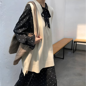 Layered Sweater Vest & Bow-Collar Blouse - Casual Chic Preppy Style