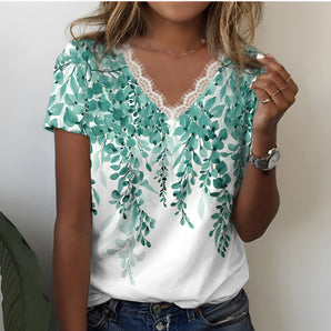 Green and white leaf print women's summer tee with lace neckline, V-neck, short sleeves, and a relaxed fit, size 5XL.