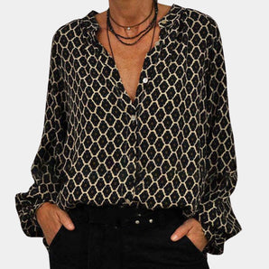 Leopard Print Chiffon Blouse with a V-neck and button-down design, featuring long sleeves in a black color, size 3XL.
