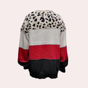 Leopard Print Color Block Sweater for Women featuring a trendy casual knit design with long sleeves and a round neckline.