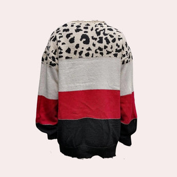 Leopard Print Color Block Sweater for Women featuring a trendy casual knit design with long sleeves and a round neckline.
