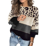 Women's gray XL leopard print color block sweater, featuring trendy casual knit design with long sleeves, stylishly combining leopard print with white and black sections.