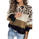 Leopard Print Color Block Sweater in Khaki for Women in XL size, featuring a trendy design with leopard print patterns on the sleeves and a mix of white and black color blocks, suitable for casual wear.