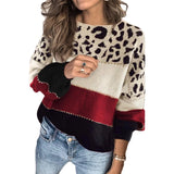 Leopard Print Color Block Sweater in Red, size XL, featuring a trendy casual knit pullover design with long sleeves, displayed on a mannequin.
