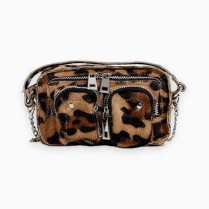 Leopard print faux fur crossbody bag with a chain strap and zipper in brown, showcasing a rectangular shape and stylish design.