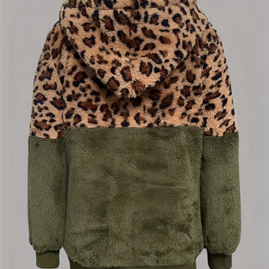 Leopard print faux fur hoodie featuring a cozy two-tone design, showcasing brown and beige patterns with woolen texture, suitable for women's winter wear.