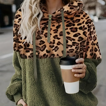 Olive green leopard print faux fur hoodie for women, featuring a cozy two-tone design with a combination of black and white leopard patterns on the exterior, long sleeves, and a comfortable fit in size 2XL.