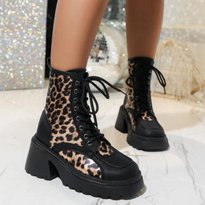 Leopard print lace-up chunky heel women's combat boots in black, showcasing a fashion-forward design suitable for a bold statement look.