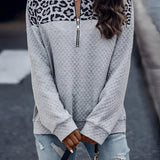 Women's chic streetwear pullover in gray with leopard print quilted design, half-zip neckline, long sleeves, and 3XL size.