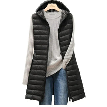 
A light beige slim fit women's hooded quilted winter coat displayed on a mannequin, featuring a long sleeve design with a collar. The coat appears to be made from a quilted material, providing warmth and style.
