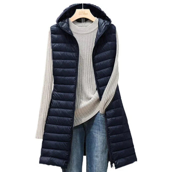 Light beige slim fit women's hooded quilted winter coat with a front zipper and pockets, featuring long sleeves and a cozy hood, displayed in a slightly dark blue shade in size 3XL.
