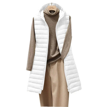 
Light beige slim fit women's hooded quilted winter coat displayed in a white color, size 3XL, featuring a hood, long sleeves, and a quilted design for warmth and style.