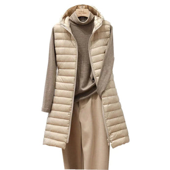 Light beige slim fit women's hooded quilted winter coat in size 3XL, featuring a soft fur-trimmed hood, full-length sleeves, and a sleek, tailored design for a fashionable look.