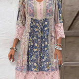 Light blue bohemian crochet V-neck lace dress designed as a women's beach cover-up, featuring intricate lace patterns and lightweight material ideal for casual beachwear.