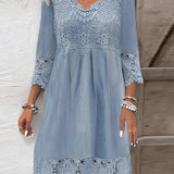 Light blue bohemian crochet V-neck lace dress designed as a women's beach cover-up, showcasing intricate lace patterns with a flattering V-neckline and a comfortable fit.