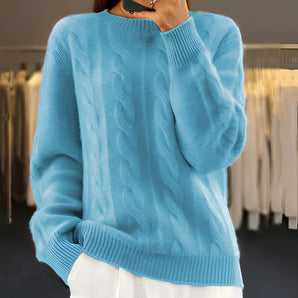 Light blue cable knit crewneck sweater for women, featuring a cozy winter design with long sleeves and a textured knit pattern.