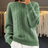 Light blue cable knit crewneck sweater for women featuring a cozy, textured design. The sweater has long sleeves and a ribbed collar, providing warmth and style for winter fashion.