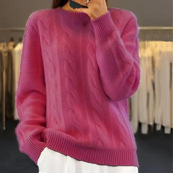 
A dark pink cable knit crewneck sweater featuring a cozy design, suitable for women's winter fashion. The sweater has long sleeves and a comfortable fit in an XL size. The fabric is textured and the neckline is round, providing warmth and style.