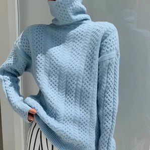 Light Blue Cable Knit Sweater - Women's Cozy High Neck Winter Fashion
