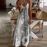 Sleeveless light blue floral maxi dress with a V-neck design, ideal for summer beachwear, displayed in a gray color variant, size 5XL.