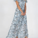 Light blue floral print maxi dress with ruffle sleeves, featuring a fitted waist and flowing silhouette, suitable for daytime wear, shown in size 3XL.