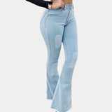 Light blue high waist flare jeans with retro stretch bell bottoms, showcasing a fitted waist and thigh area, and flaring out from the knee down. Designed in a classic denim fabric, available in XL size.