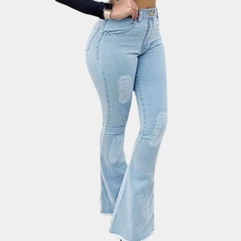 Light blue high waist flare jeans with retro stretch bell bottoms, showcasing a fitted waist and thigh area, and flaring out from the knee down. Designed in a classic denim fabric, available in XL size.