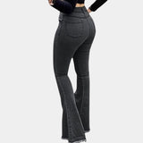 Light blue high waist flare jeans styled with a retro stretch design, featuring bell bottoms. The image showcases the fit around the waist and thighs, highlighting the fashion-forward and comfortable style.