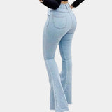 Light blue high waist flare jeans with a retro stretch design, showcasing a bell-bottom style.